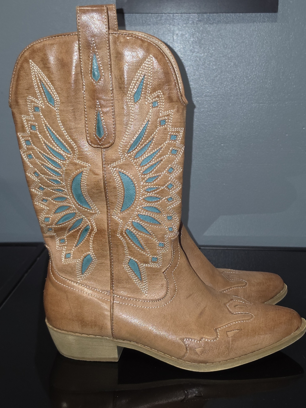 Coconuts by Matisse Bandera Tan Leather Western Boots with Teal Inlay Women SZ 8